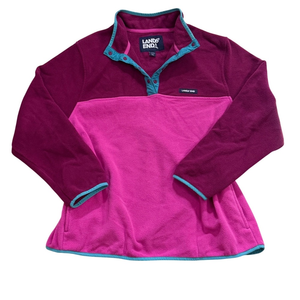 Lands End Womens 1X Fleece Pullover Snap Mock Neck Colorblock Cozy Outdoors